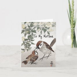 Sparrow Füttre Chick Vintage asiatische Kunst Feiertagskarte