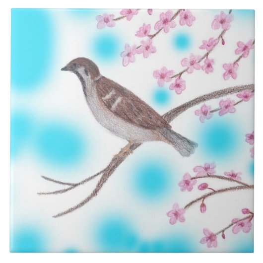 Sparrow in Cherry Blossom Tree Sky Tiles Fliese (Vorderseite)