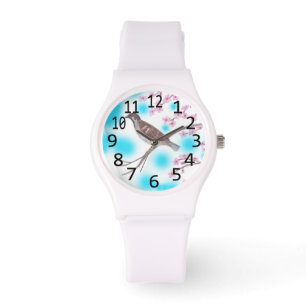 Sparrow in Cherry Blossom Tree Sky Watches Armbanduhr