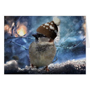 Sparrow in Snow Hat Weihnachtskarte
