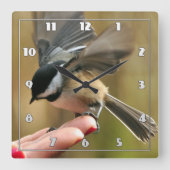 Sparrow landet auf der Hand meiner Ehefrau Quadratische Wanduhr (Vorderseite)