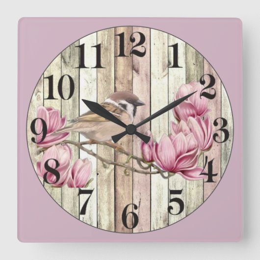 Sparrow on a Pink Flower Quadratische Wanduhr (Vorderseite)