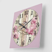 Sparrow on a Pink Flower Quadratische Wanduhr (Winkel)