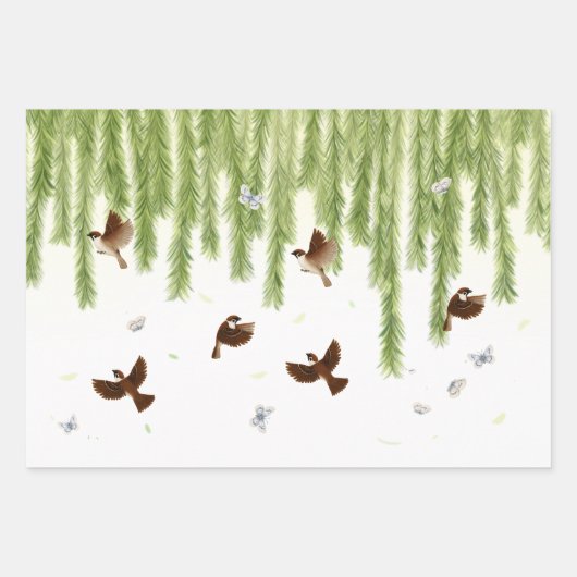 Sparrow & Schmetterlinge unter einem weinenden Feu Geschenkpapier Set (Vorderseite 2)