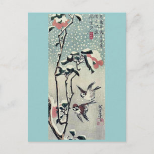 Sparrow und Kamelien im Schnee von Ando, Hiroshige Postkarte