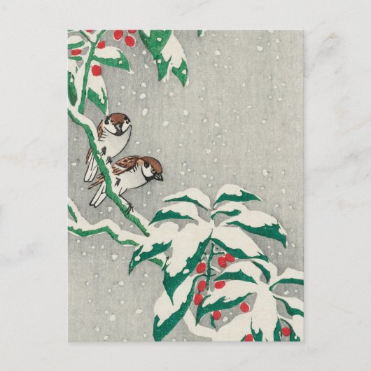 Sparrows auf Snowy Berry Bush von Ohara Koson Postkarte (Vorderseite)
