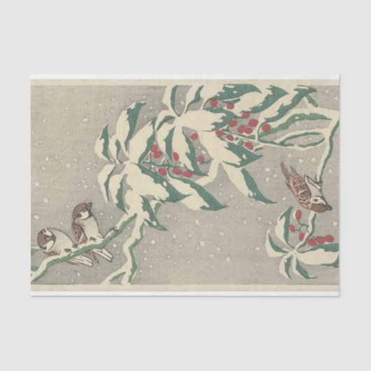 Sparrows auf Snowy Currant Bush von Ohara Koson Seidenpapier (Vorderseite)