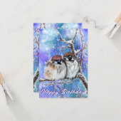Sparrows Couple in Winter Birthday Card - Malerei Karte (Vorderseite/Rückseite Beispiel)