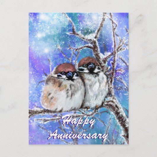 Sparrows Couple in Winter Happy Anniversary Card Postkarte (Vorderseite)