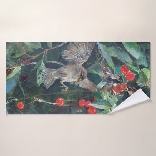 Sparrows in einem Kirschbaum, Bruno Liljefors Badehandtuch (Badehandtuch)