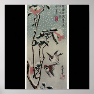 Sparrows und Kamelien im Schnee um die 1830er Jahr Poster
