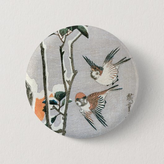 Sparrows und Kamelien in Snow von Ando Hiroshige Button (Vorderseite)
