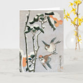 Sparrows und Kamelien in Snow von Ando Hiroshige Karte (Gelbe Blume)