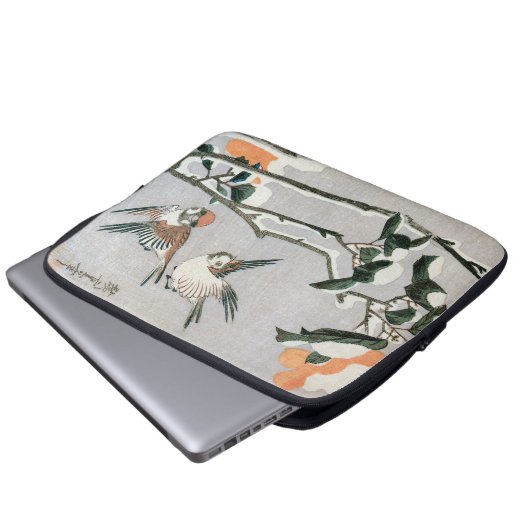 Sparrows und Kamelien in Snow von Ando Hiroshige Laptopschutzhülle (Vorne Knopf)