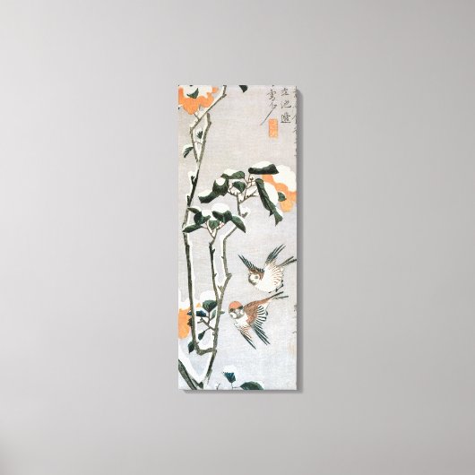 Sparrows und Kamelien in Snow von Ando Hiroshige Leinwanddruck (Vorderseite)