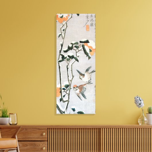 Sparrows und Kamelien in Snow von Ando Hiroshige Leinwanddruck (Insitu (Wohnzimmer))