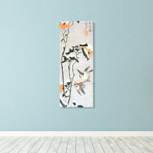 Sparrows und Kamelien in Snow von Ando Hiroshige Leinwanddruck (Insitu (Holzboden))