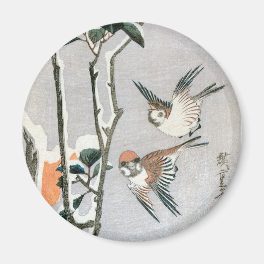 Sparrows und Kamelien in Snow von Ando Hiroshige Magnet (Vorne)