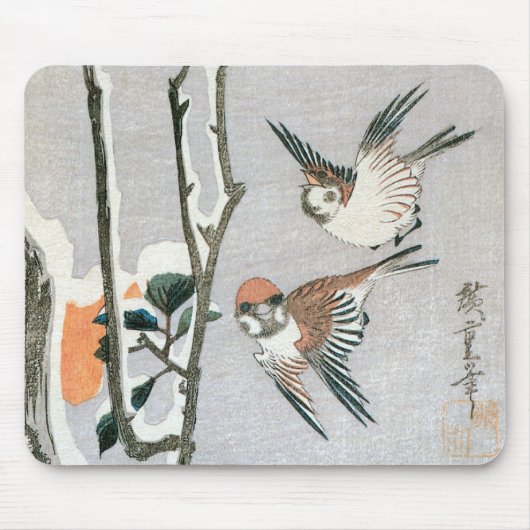 Sparrows und Kamelien in Snow von Ando Hiroshige Mousepad (Vorne)