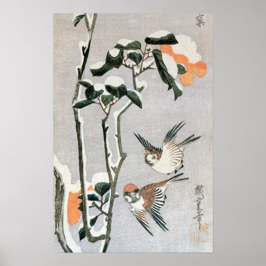 Sparrows und Kamelien in Snow von Ando Hiroshige Poster (Vorne)