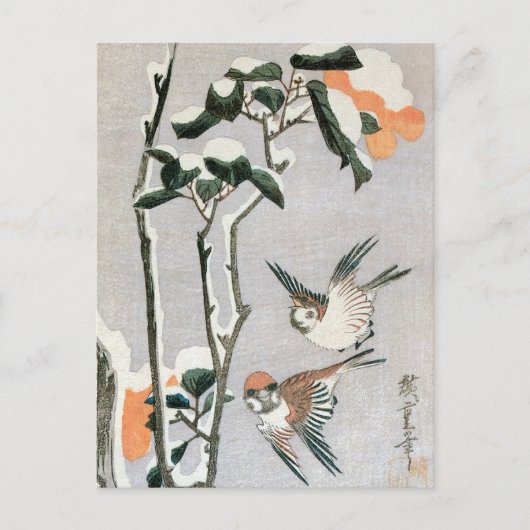 Sparrows und Kamelien in Snow von Ando Hiroshige Postkarte (Vorderseite)
