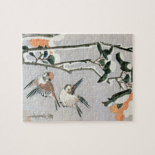 Sparrows und Kamelien in Snow von Ando Hiroshige Puzzle (Horizontal)