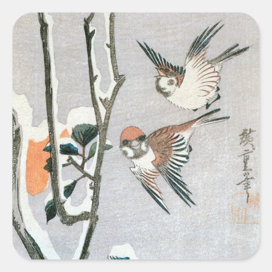 Sparrows und Kamelien in Snow von Ando Hiroshige Quadratischer Aufkleber (Vorderseite)