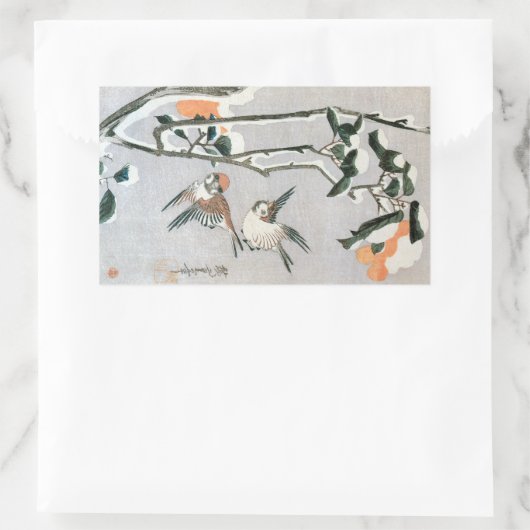 Sparrows und Kamelien in Snow von Ando Hiroshige Rechteckiger Aufkleber (Tasche)