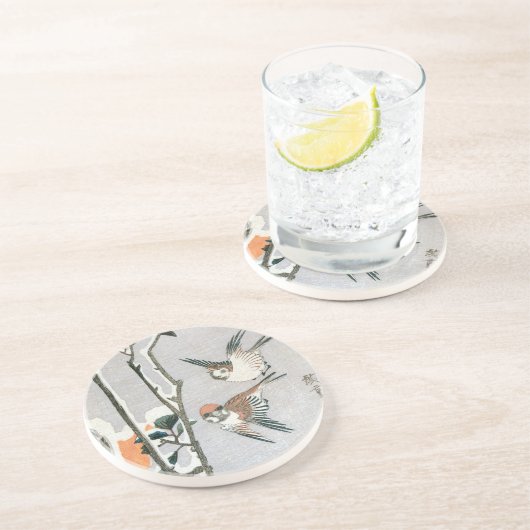 Sparrows und Kamelien in Snow von Ando Hiroshige Sandstein Untersetzer (Seite)