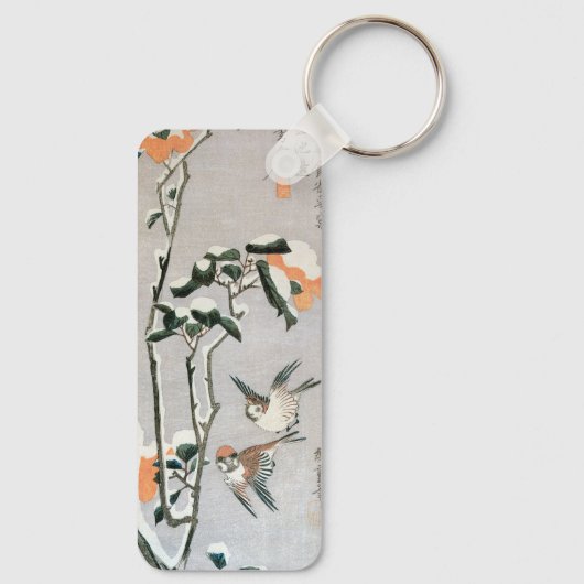 Sparrows und Kamelien in Snow von Ando Hiroshige Schlüsselanhänger (Rückseite)