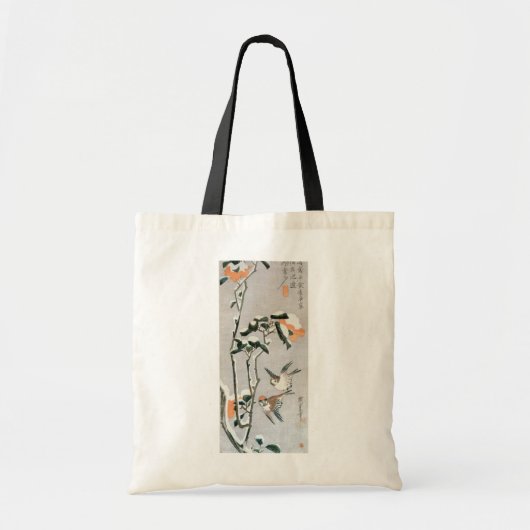 Sparrows und Kamelien in Snow von Ando Hiroshige Tragetasche (Vorne)