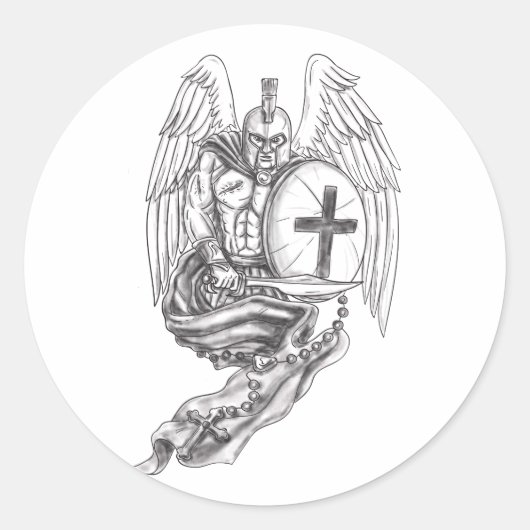Spartan Warrior Angel Shield Rosary Tattoo Runder Aufkleber (Vorderseite)