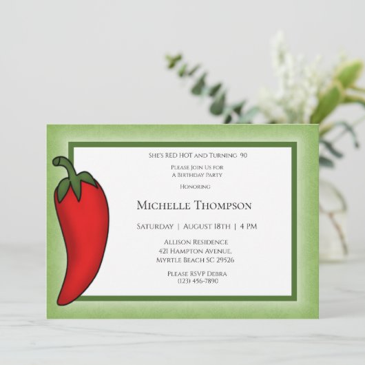 Spaß 90. oder jedes Alter Red Hot Pepper Geburtsta Einladung (Stehend Vorderseite)