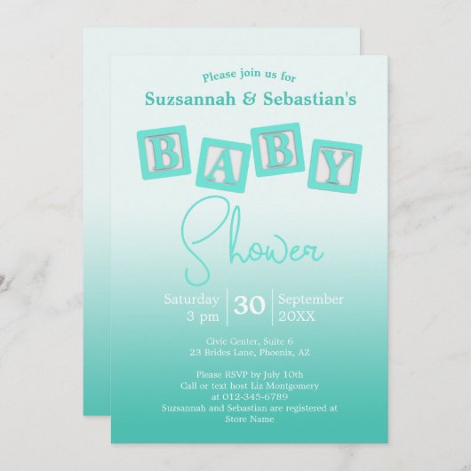 Spaß Aquamarin Ombre BABY Blocks Einladung (Vorne/Hinten)