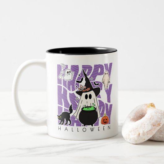 Spaß aufwecken | Happy Halloween Magic & Mischief Zweifarbige Tasse (Mit Donut)