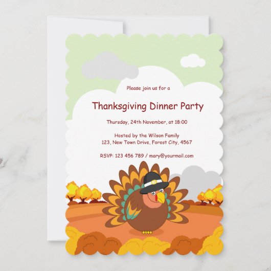Spaß beim Cartoon eines Pilgrim-Erntedank-Truthahn Einladung (Vorderseite)