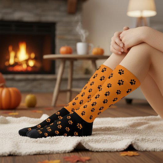 Spaß Bright Orange und Black Paw Print Socken