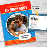 Spaß Comic Stil jedes Alters Geburtstagsparty GRIL Postkarte<br><div class="desc">Spaß, Comic buchen Geburtstagsparty Postcard einladen! Einfach mit eigenem Foto und individuellem Text auf Vorder- und Rückseite personalisieren. Diese farbenfrohe Karte ist für ein 30. Geburtstag GRILLEN Party konzipiert, aber der gesamte Text kann an andere Anlässe angepasst werden! Ein Retro-Design in kühnen Farben wie Rot, Blau, Orange, Gelb und Weiß....</div>