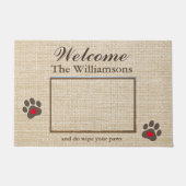 Spaß Dog Foto Custom Burlap Textur Willkommen Fußmatte (Vorderseite)