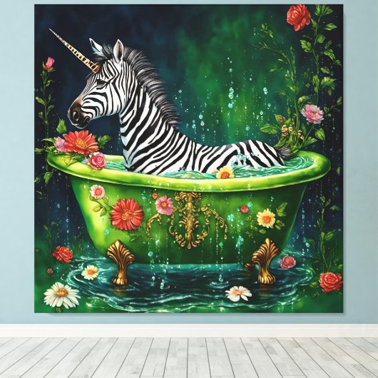 Spaß Einhorn Zebra in einer Badewanne Leinwanddruck (Insitu (Holzboden))