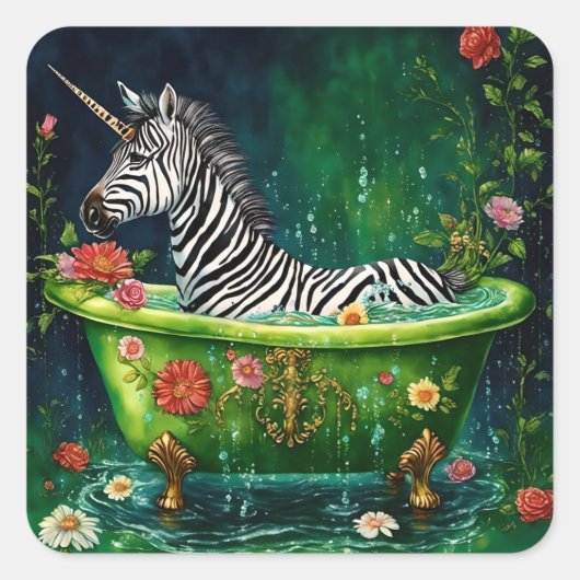 Spaß Einhorn Zebra in einer Badewanne Quadratischer Aufkleber (Vorderseite)