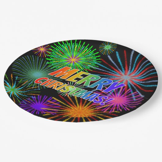 Spaß, farbenfroh, Regenbogenspektrum "MERRY CHRIST Pappteller (Schrägansicht)