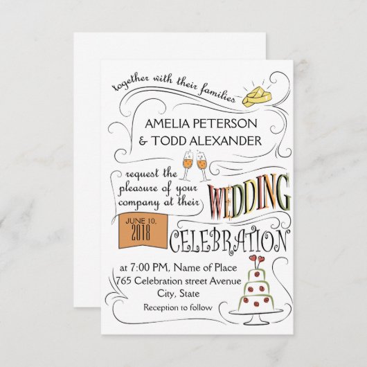 Spaß, farbenfrohe Hochzeitseinladung Design. Einladung (Vorne/Hinten)