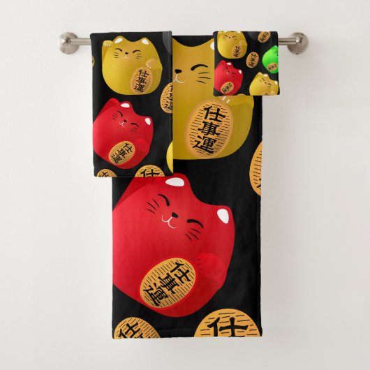 Spaß Farbenfrohe Maneki-Neko-Katzen Muster schwarz Badhandtuch Set (Insitu)