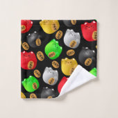 Spaß Farbenfrohe Maneki-Neko-Katzen Muster schwarz Badhandtuch Set (Waschlappen)