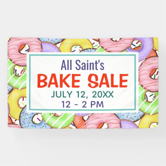 Spaß farbenfrohe Pastel Donuts Bake Sale Banner (Horizontal)