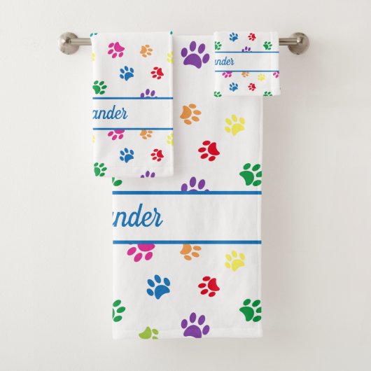 Spaß Farbenfrohe Paw Prints Personalisiert Badhandtuch Set (Insitu)