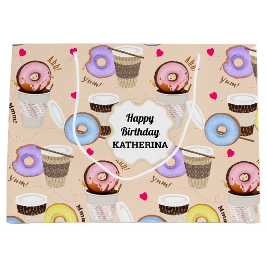 Spaß Farbenfroher Kaffee & Donut Große Geschenktüte (Vorderseite)