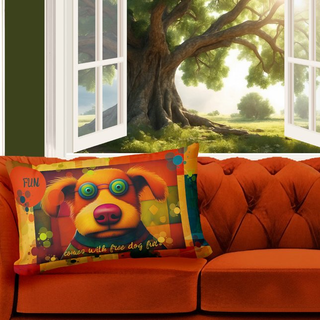 Spaß Farbenfroher künstlerischer Hund Lendenkissen (Pillow featuring a colorful design with a dog and your own funny texts - nice for a child birthday)