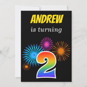Spaß Feuerwerk + Regenbogen Muster "2" Geburtstag  Einladung